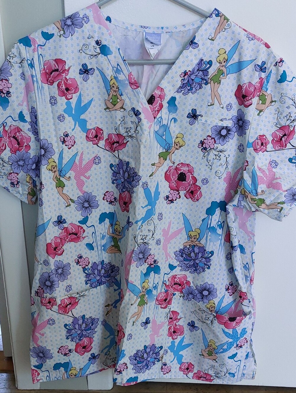 Colorful Disney Tinkerbell Medical Scrub Top Cotton Polyester L